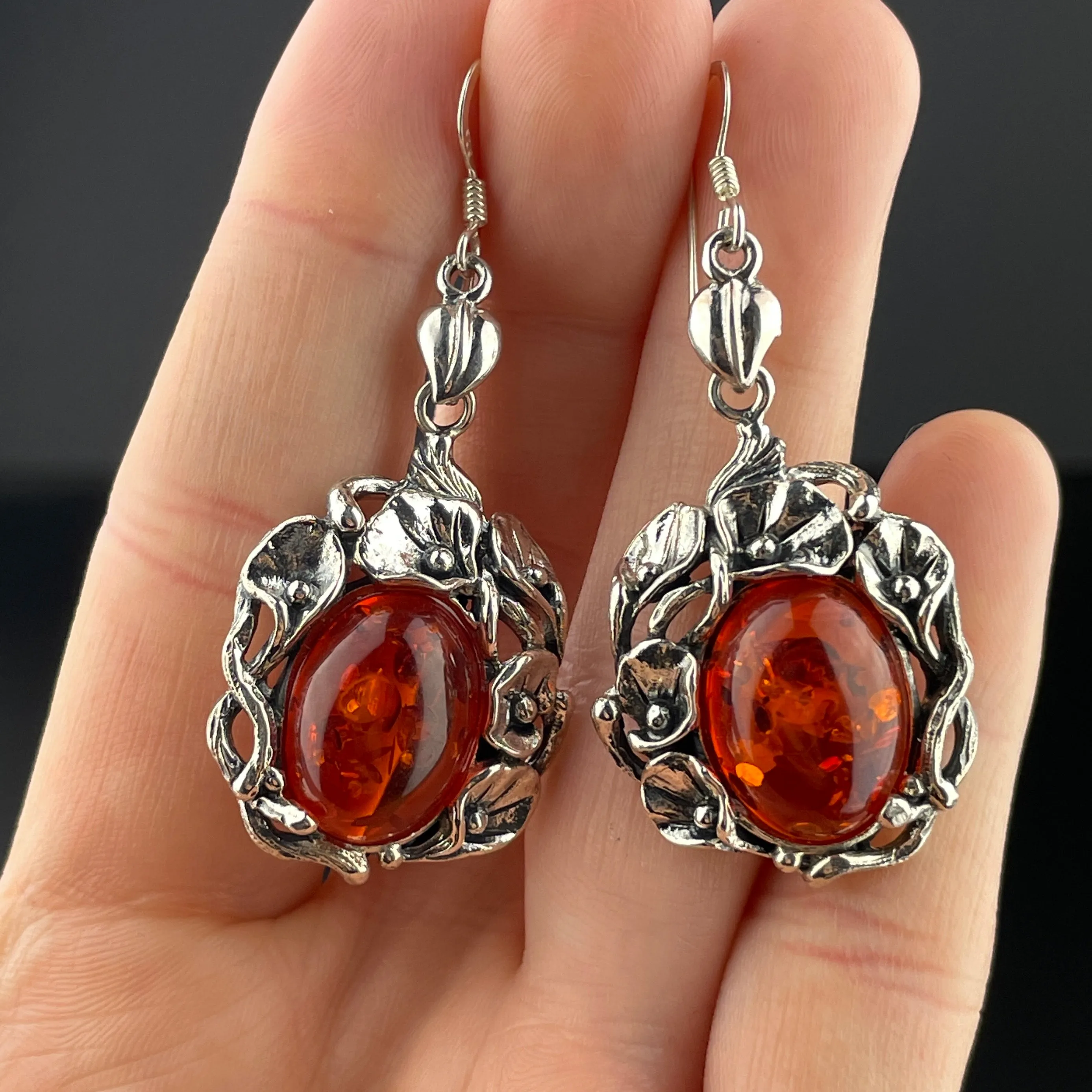 Arts and Crafts Style Silver Floral Baltic Amber Earrings