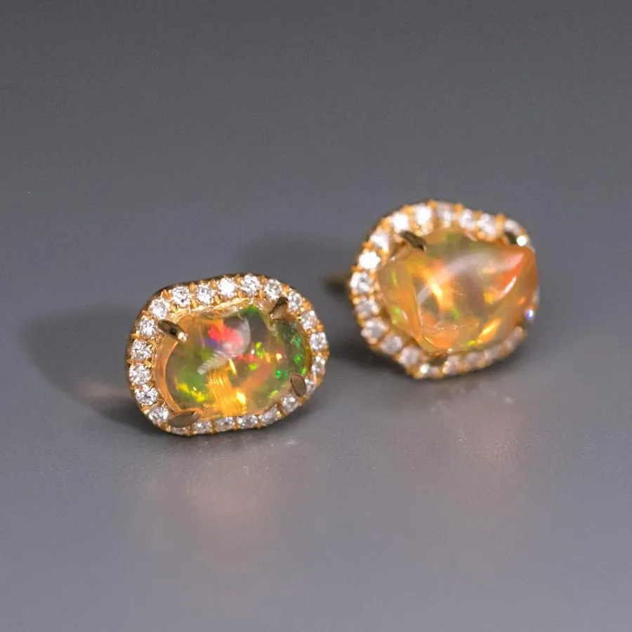 Asymmetrical Mexican Fire Opal Diamond Halo Stud Earrings 18K Yellow Gold