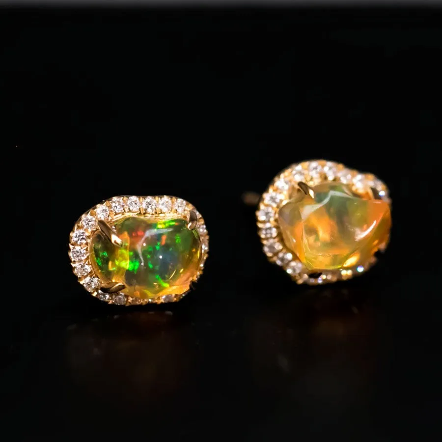 Asymmetrical Mexican Fire Opal Diamond Halo Stud Earrings 18K Yellow Gold