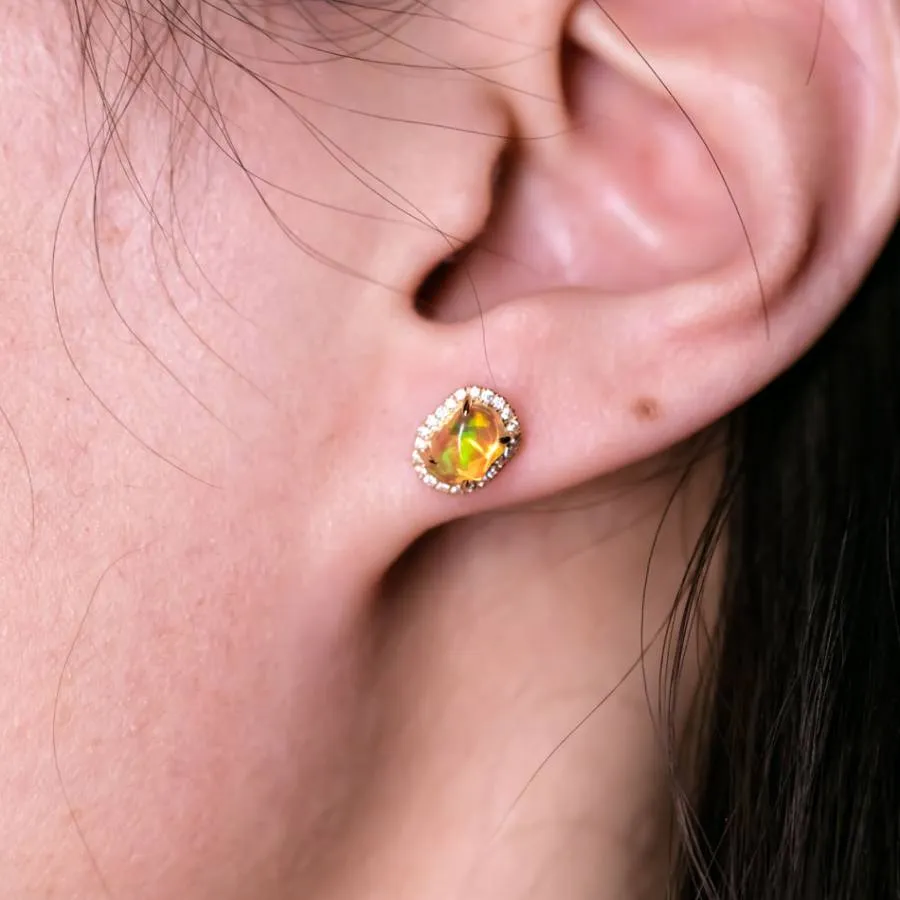 Asymmetrical Mexican Fire Opal Diamond Halo Stud Earrings 18K Yellow Gold