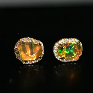 Asymmetrical Mexican Fire Opal Diamond Halo Stud Earrings 18K Yellow Gold