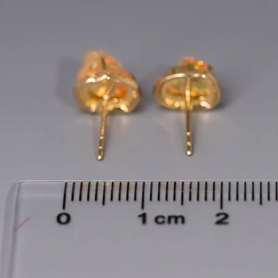 Asymmetrical Mexican Fire Opal Diamond Halo Stud Earrings 18K Yellow Gold