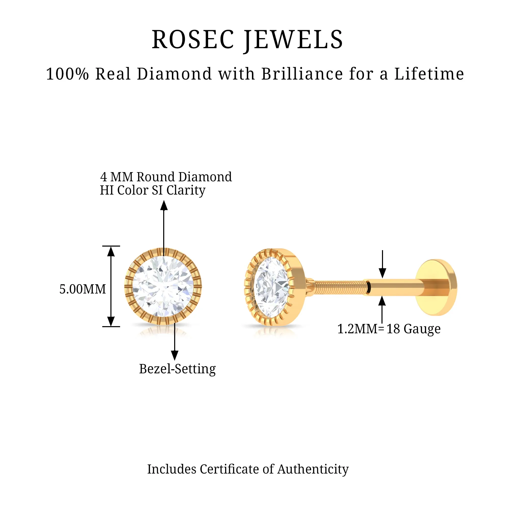 Bezel Set Diamond Solitaire Stud Earring for Helix Piercing