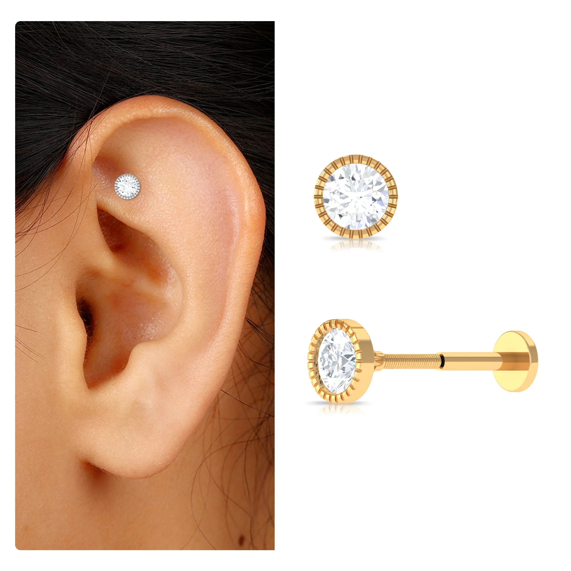 Bezel Set Diamond Solitaire Stud Earring for Helix Piercing