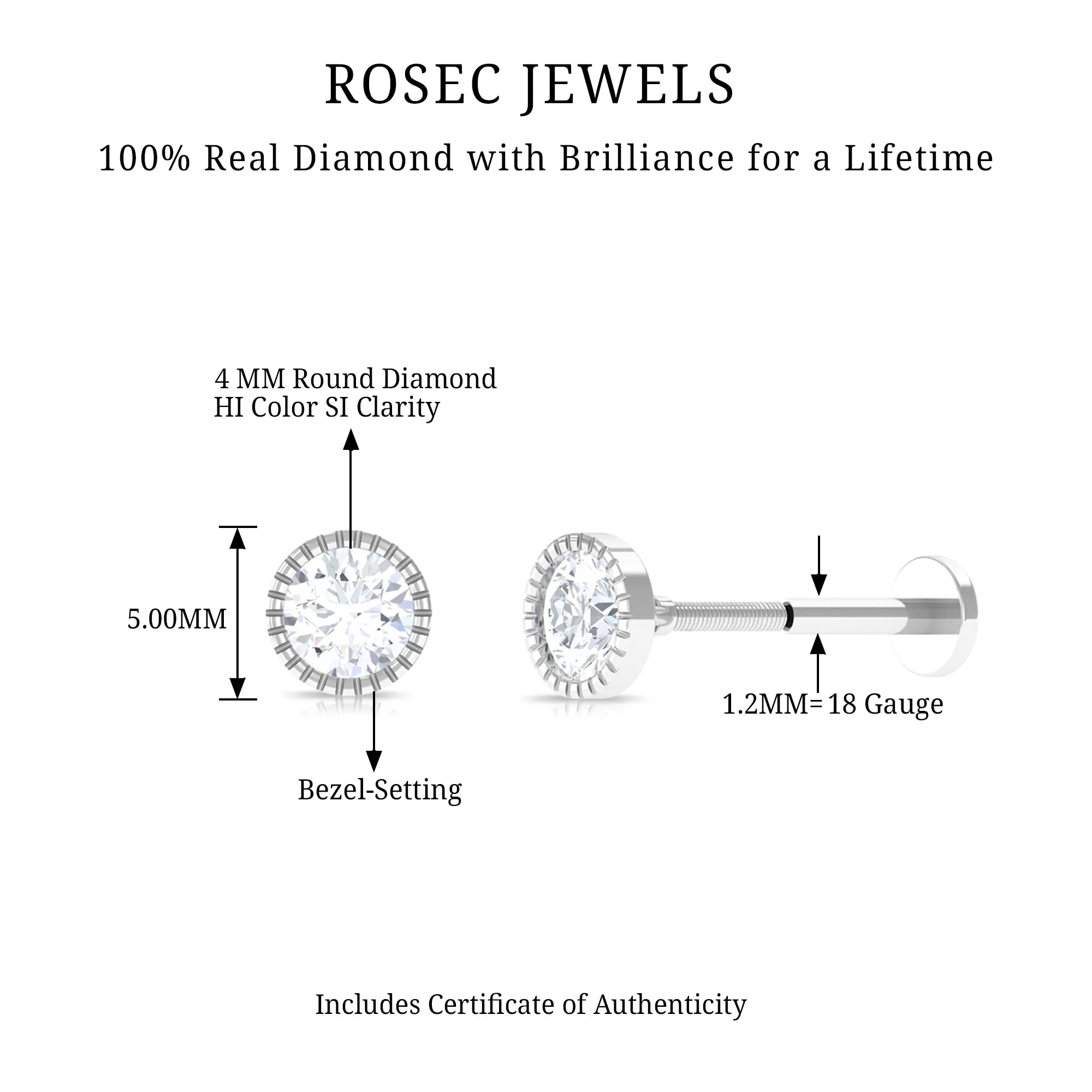 Bezel Set Diamond Solitaire Stud Earring for Helix Piercing