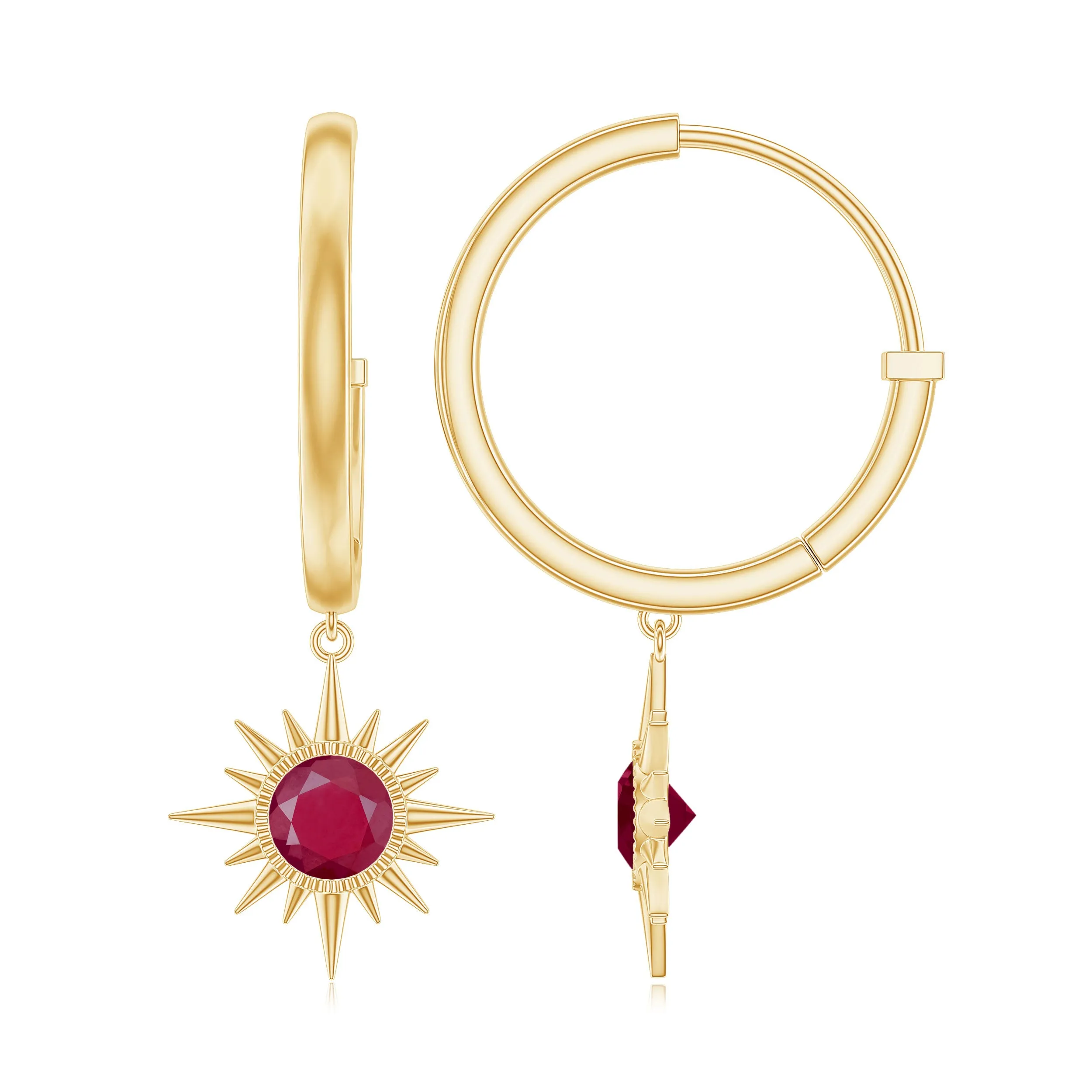 Bezel Set Ruby Sunburst Hoop Drop Earrings