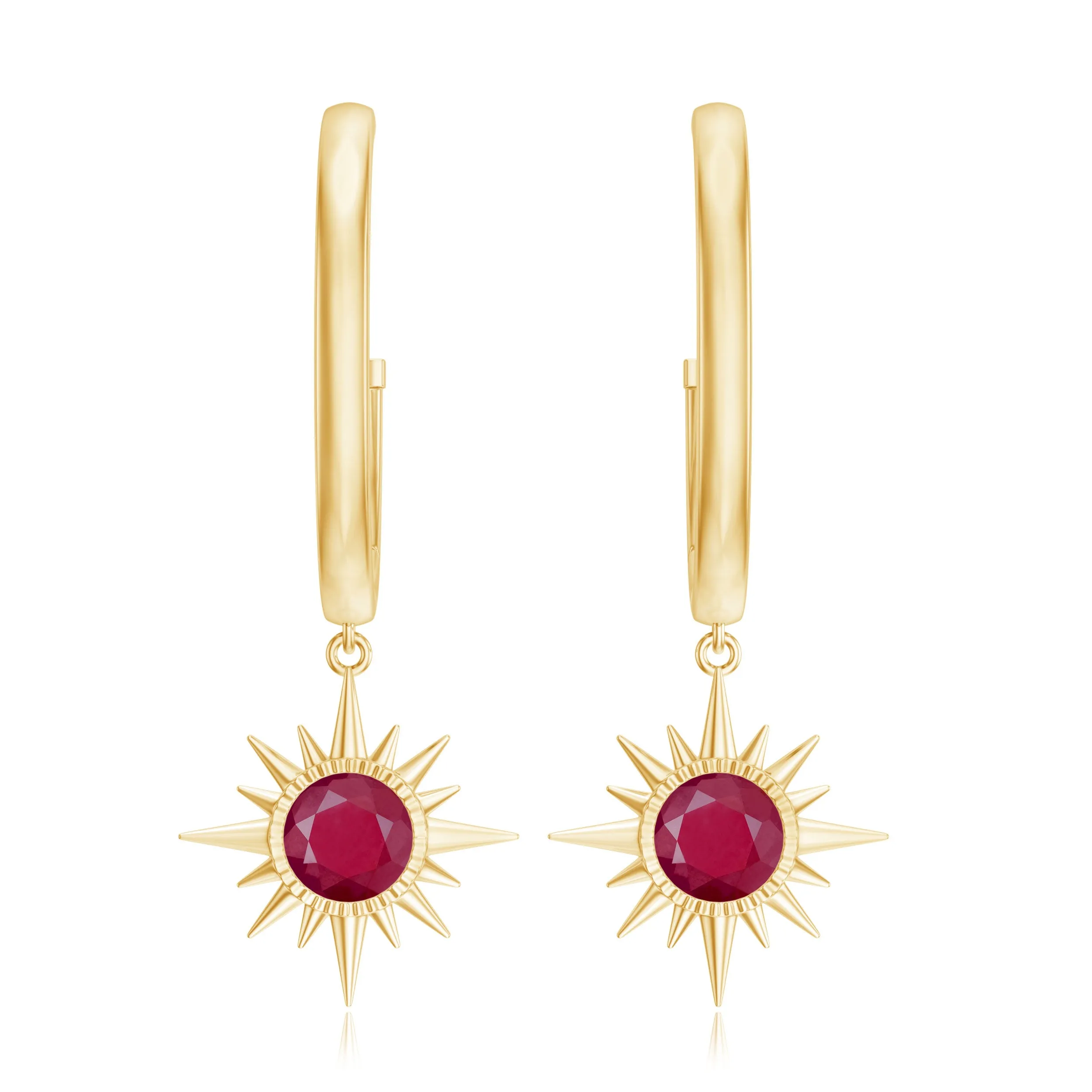 Bezel Set Ruby Sunburst Hoop Drop Earrings