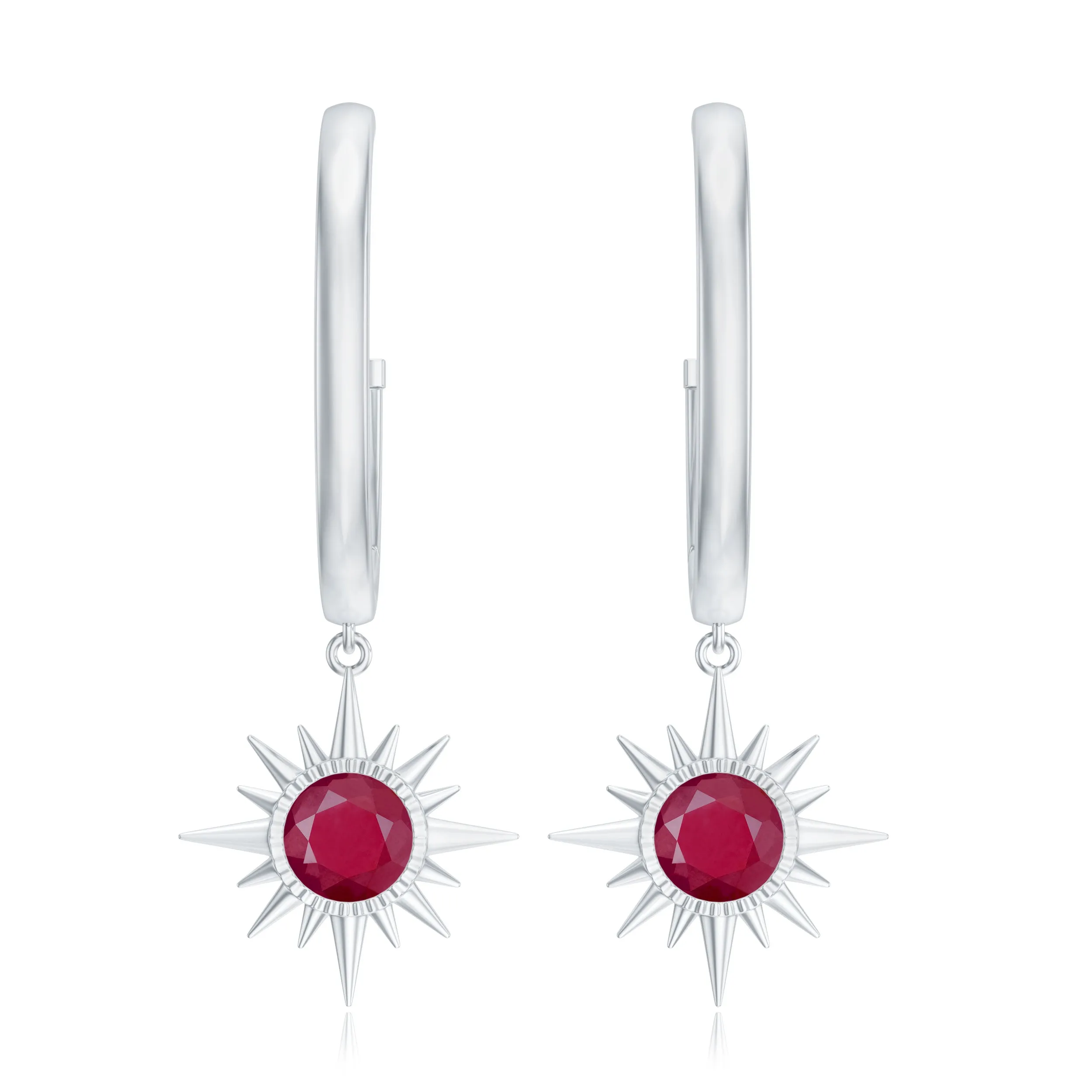 Bezel Set Ruby Sunburst Hoop Drop Earrings