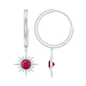 Bezel Set Ruby Sunburst Hoop Drop Earrings