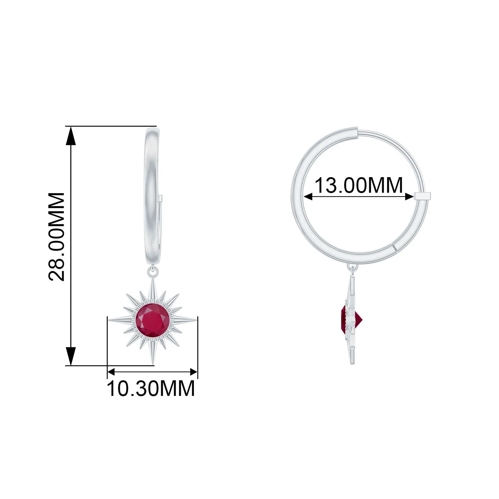 Bezel Set Ruby Sunburst Hoop Drop Earrings