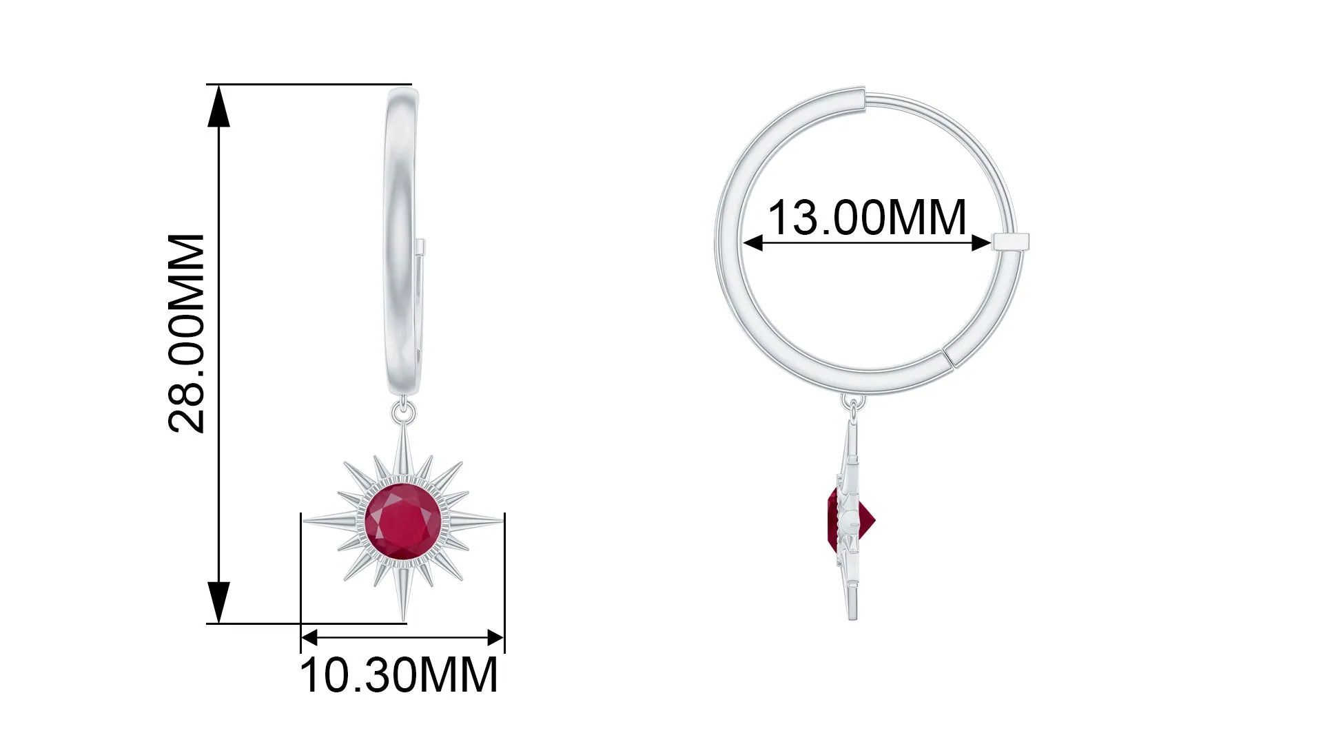 Bezel Set Ruby Sunburst Hoop Drop Earrings