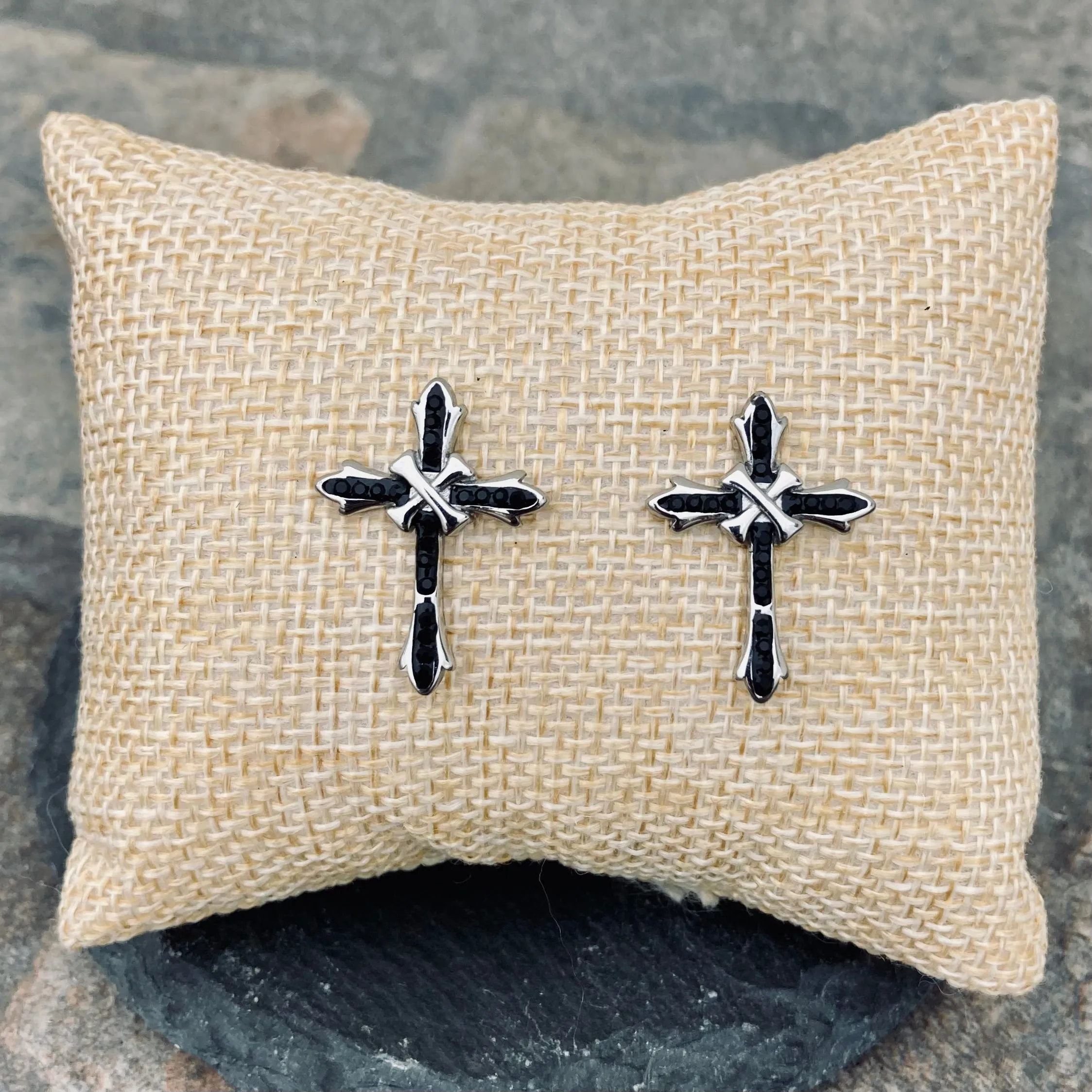 Bling Cross - Black Stone - Stud - Earrings -  SK2605E