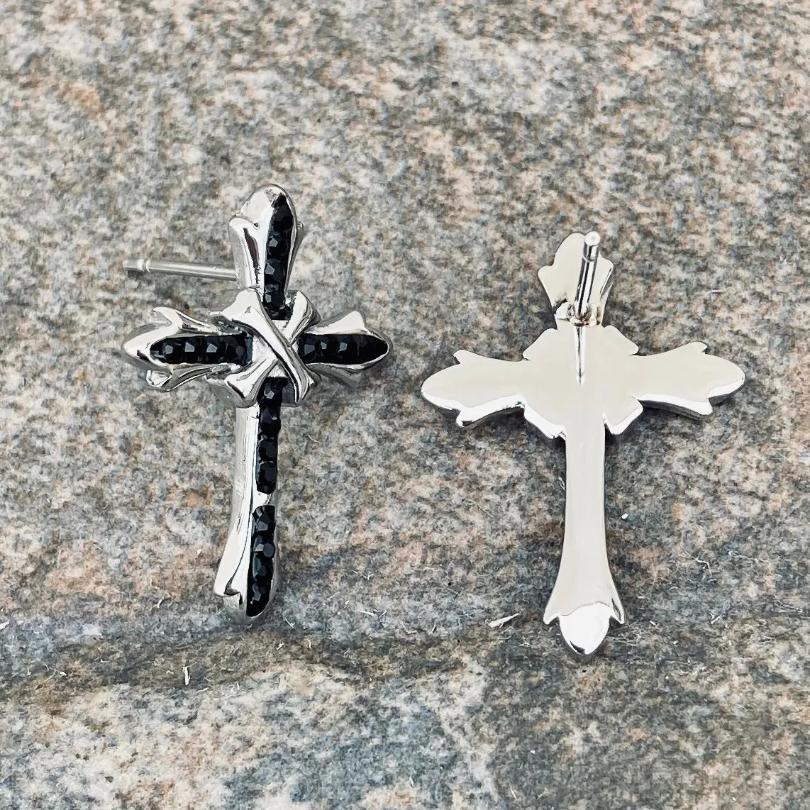 Bling Cross - Black Stone - Stud - Earrings -  SK2605E