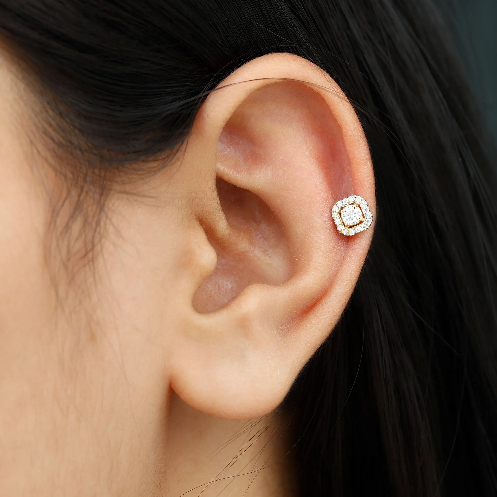 Certified Moissanite Halo Earring for Helix Piercing