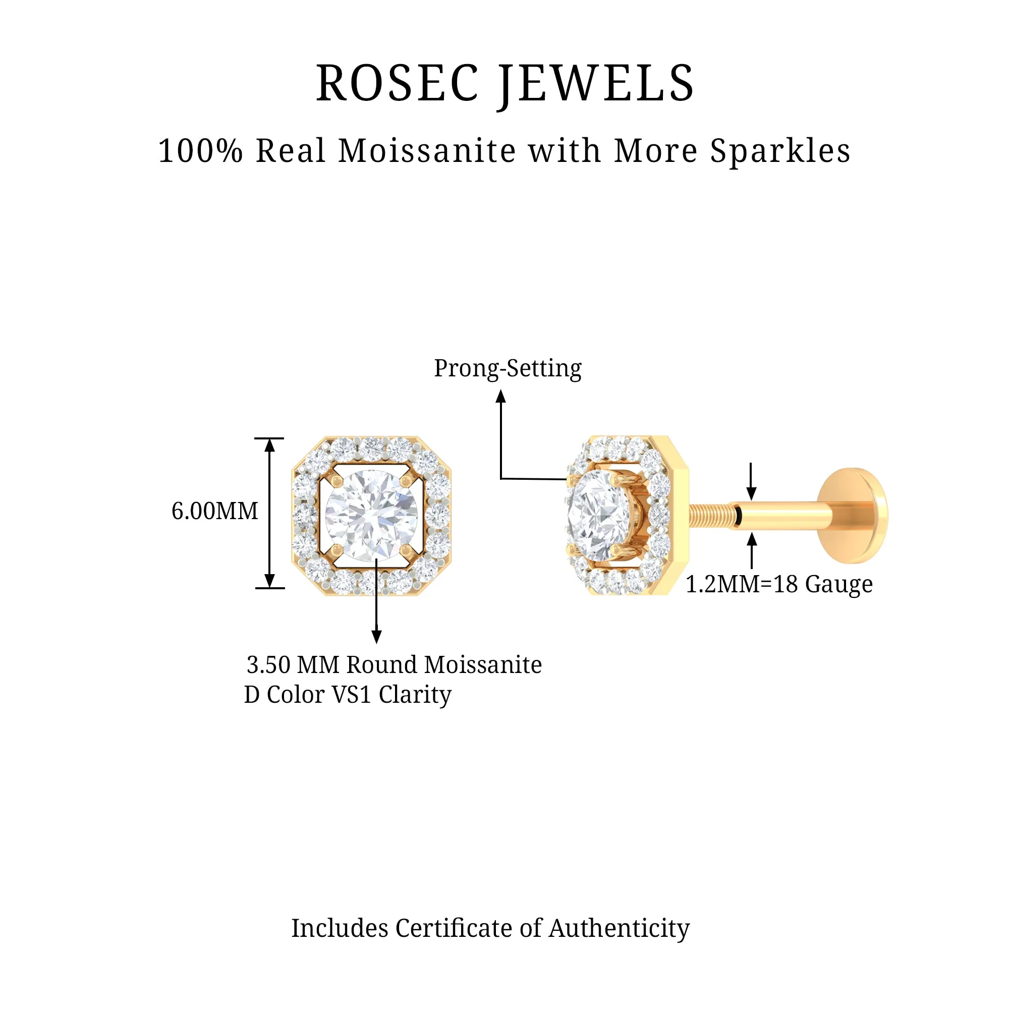 Certified Moissanite Halo Earring for Helix Piercing