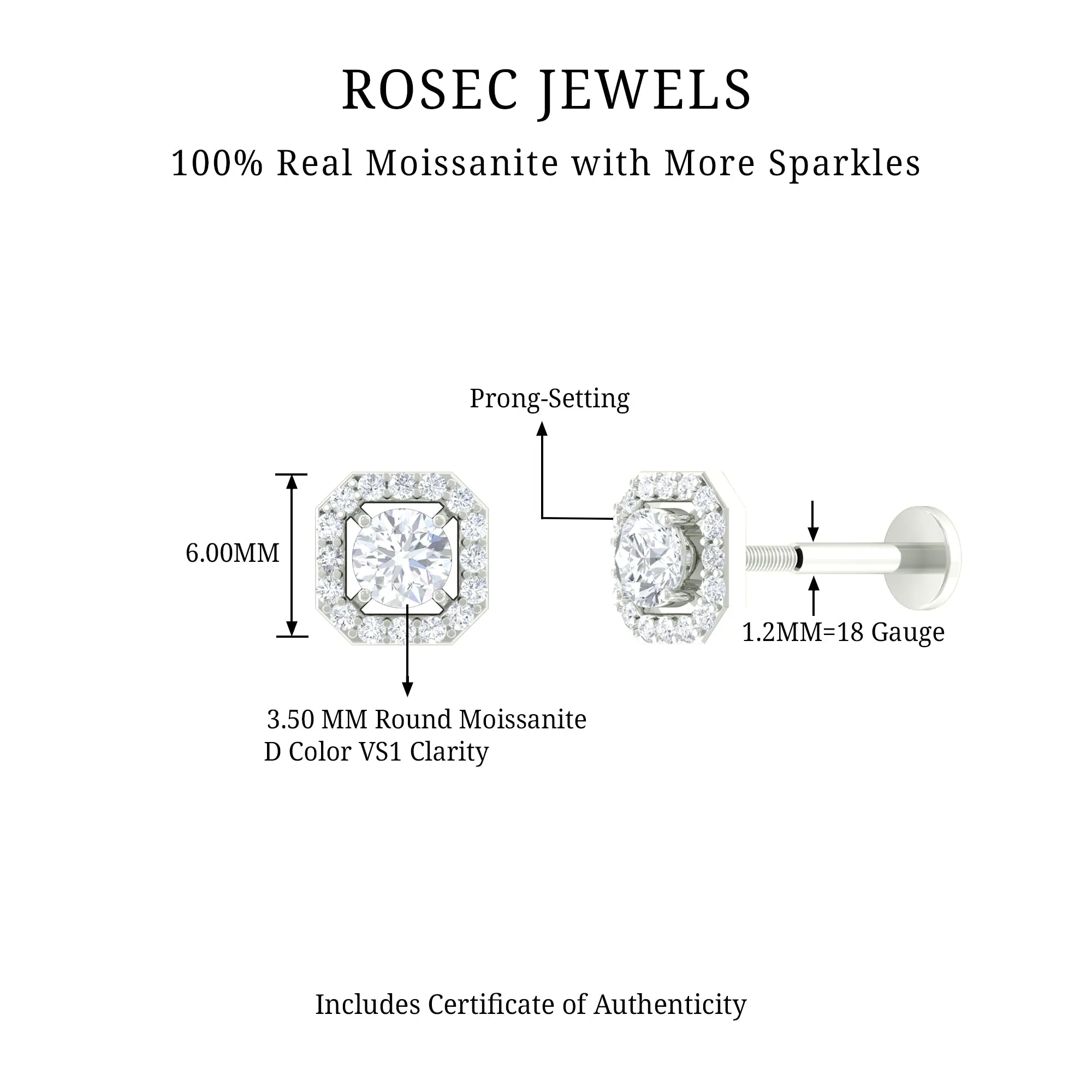 Certified Moissanite Halo Earring for Helix Piercing