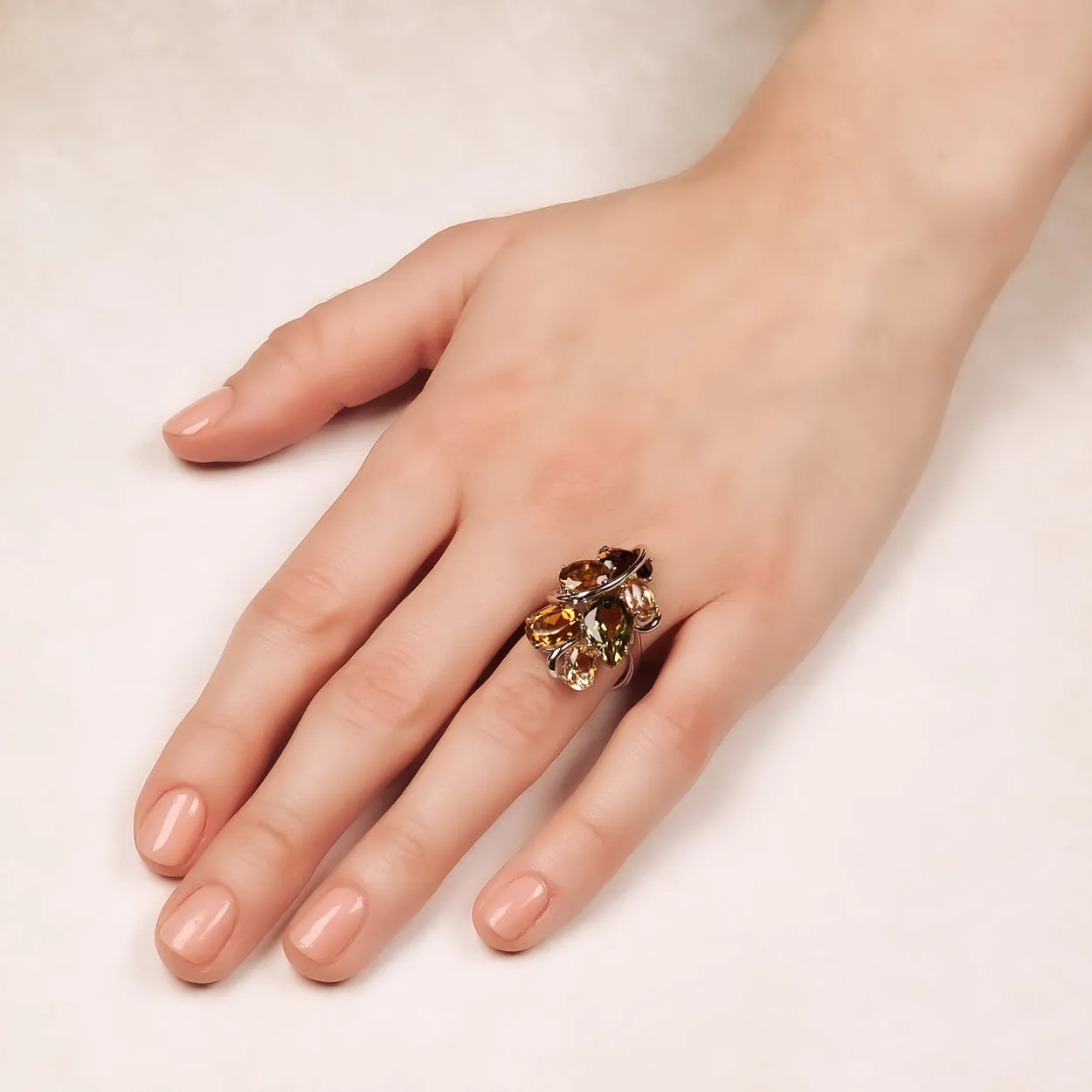 Citrene & Smoky Quartz Cluster Ring