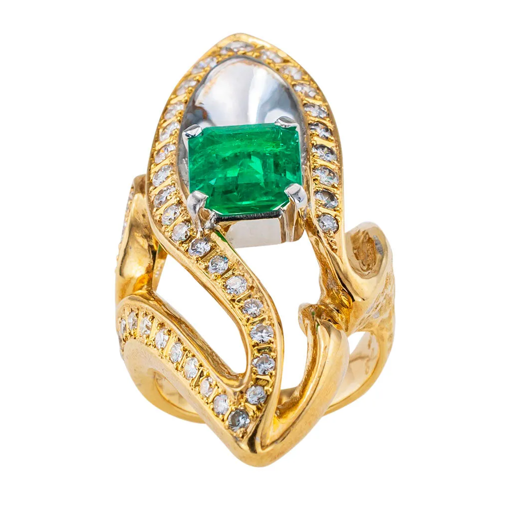 Colombian Emerald Diamond Two Tone Gold Cocktail Ring