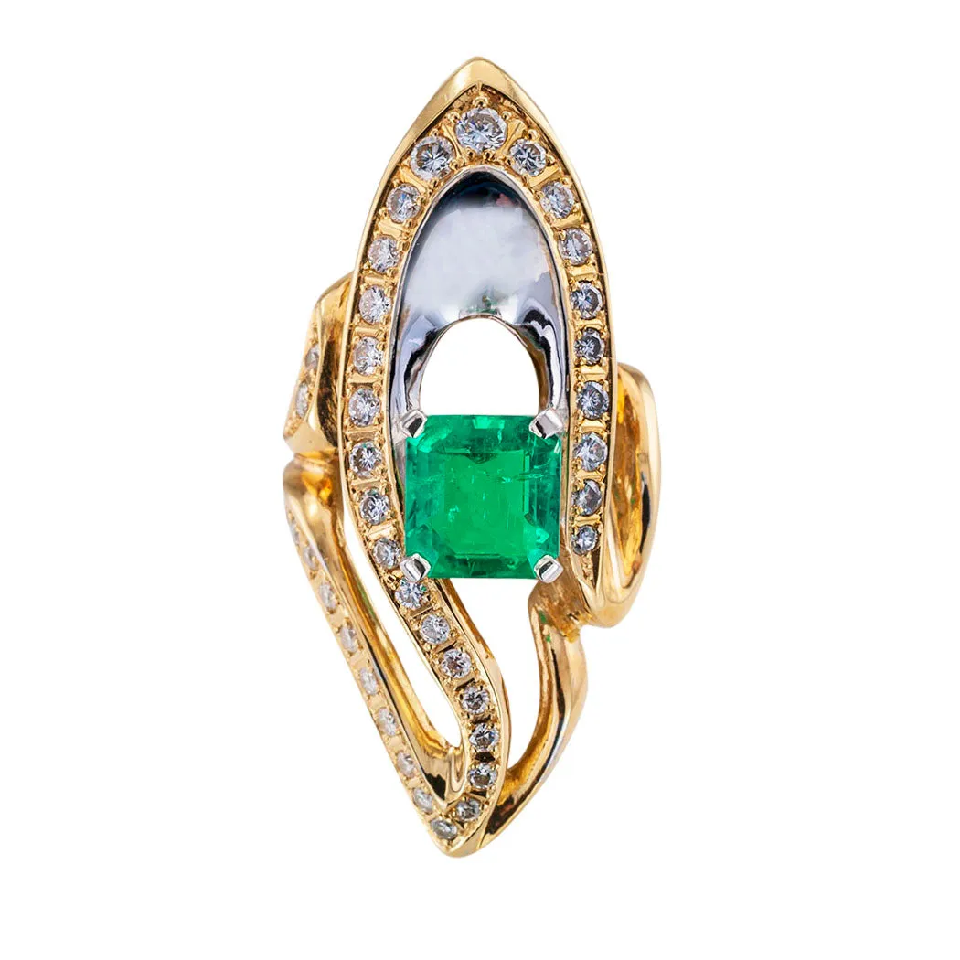 Colombian Emerald Diamond Two Tone Gold Cocktail Ring