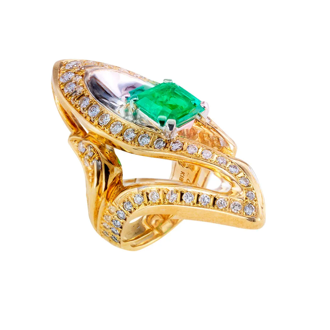 Colombian Emerald Diamond Two Tone Gold Cocktail Ring