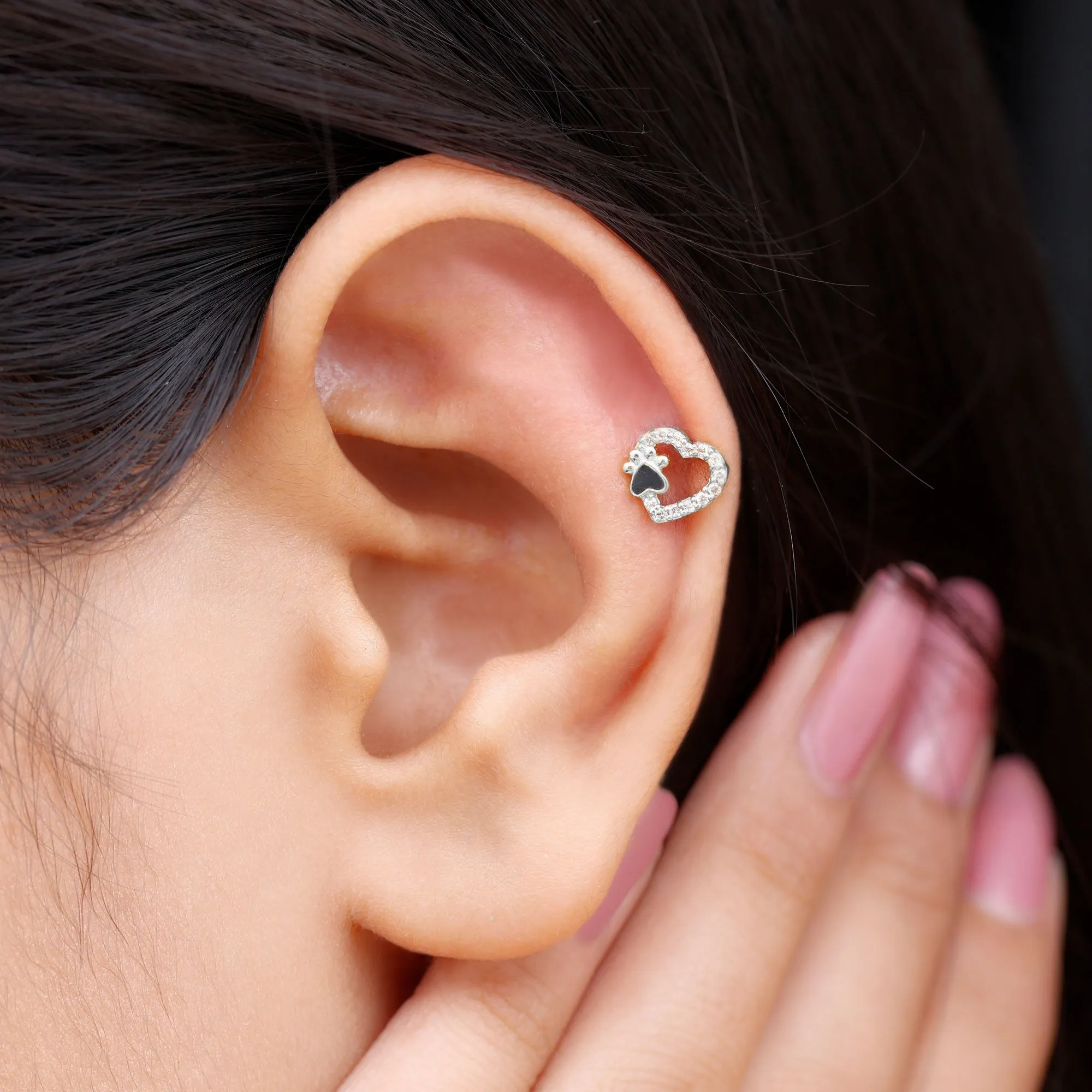 Cute Moissanite Heart and Paw Cartilage Earring with Enamel