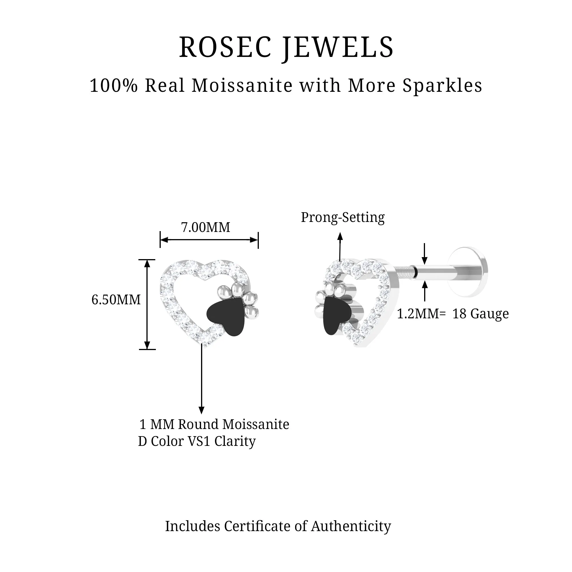Cute Moissanite Heart and Paw Cartilage Earring with Enamel