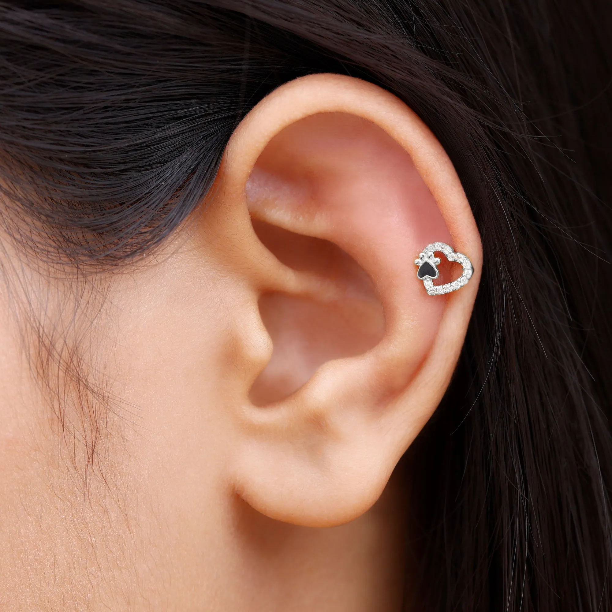 Cute Moissanite Heart and Paw Cartilage Earring with Enamel