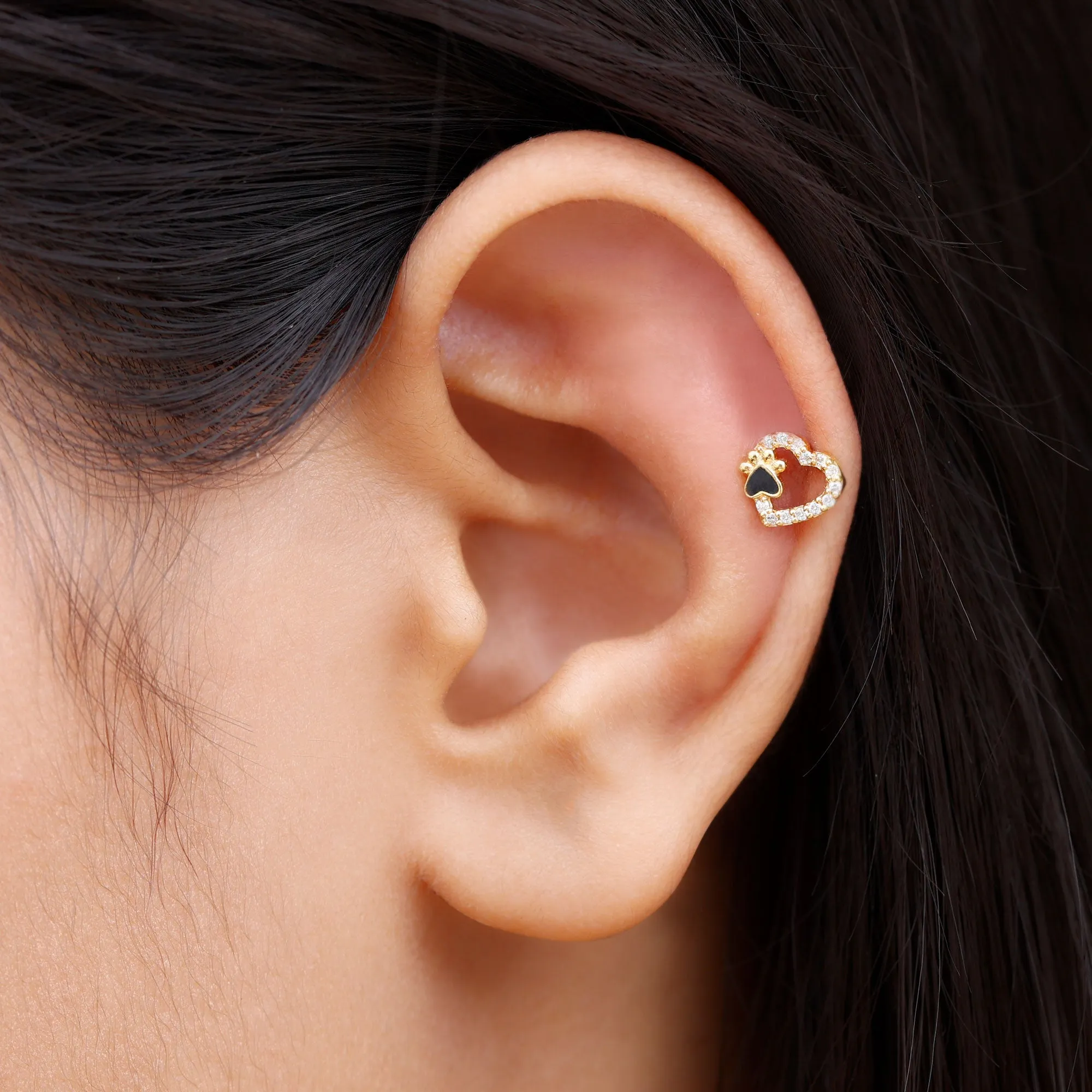 Cute Moissanite Heart and Paw Cartilage Earring with Enamel