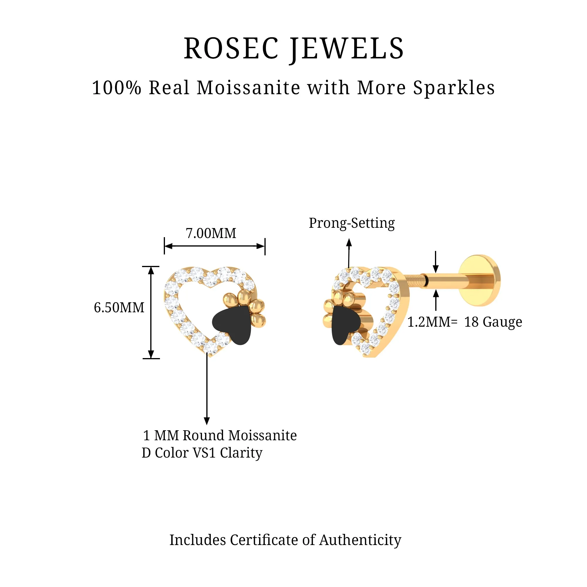 Cute Moissanite Heart and Paw Cartilage Earring with Enamel