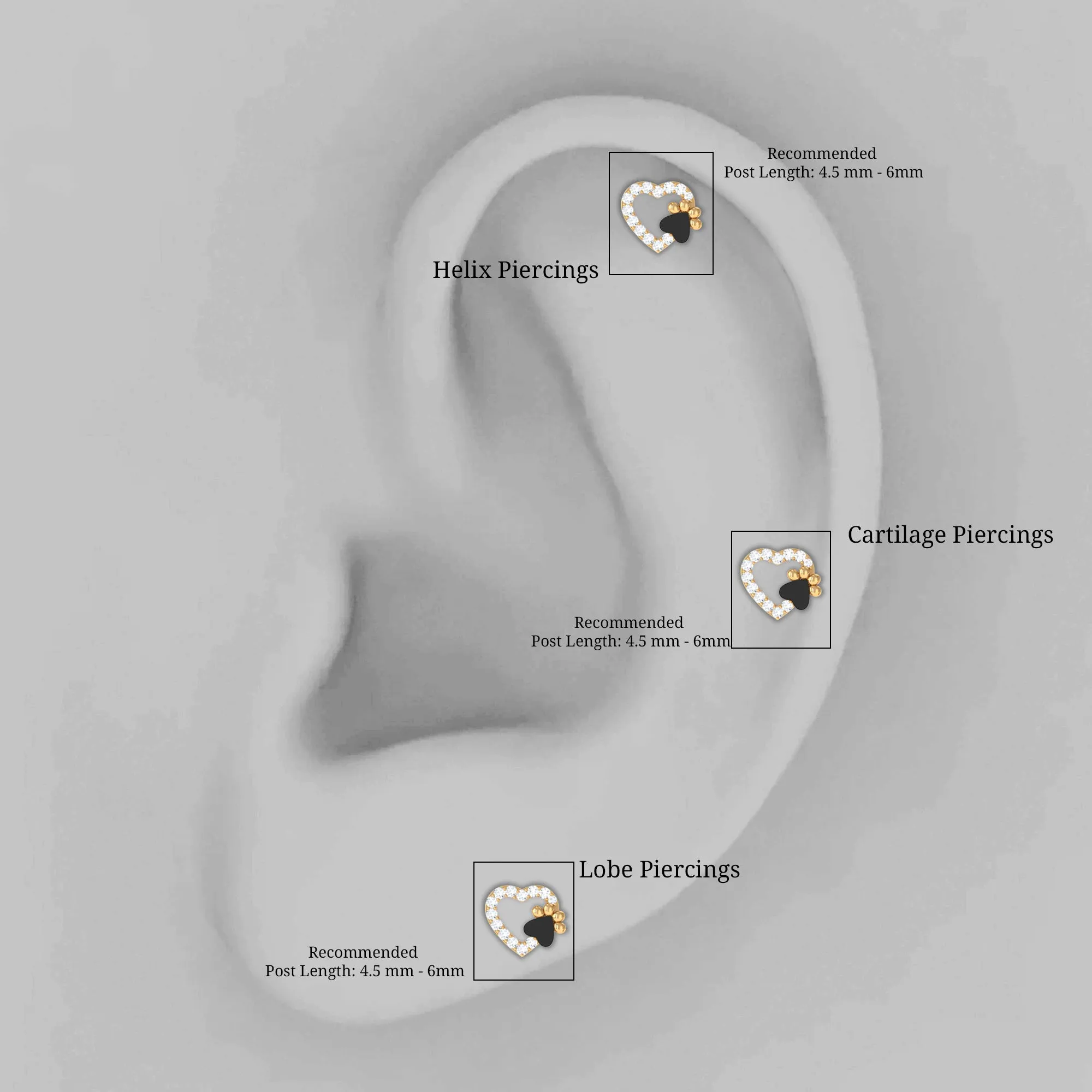 Cute Moissanite Heart and Paw Cartilage Earring with Enamel