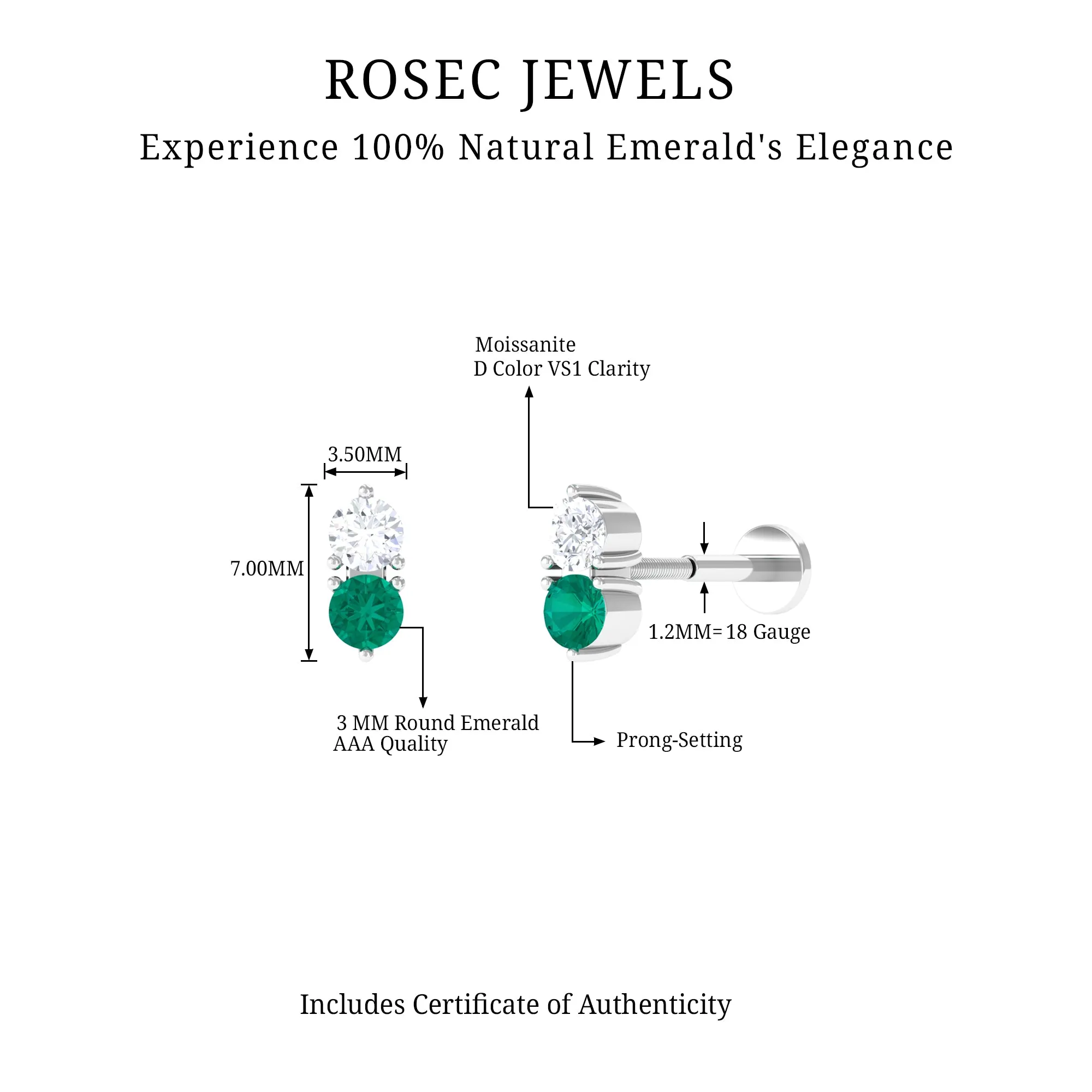 Dainty Emerald and Moissanite Two Stone Tragus Earring