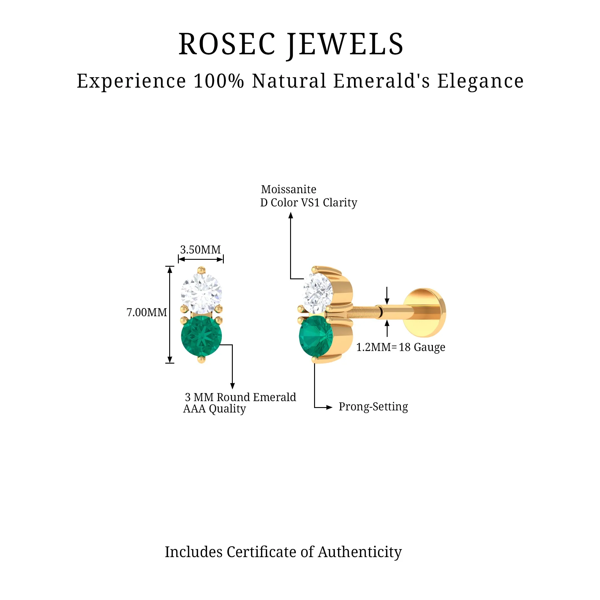 Dainty Emerald and Moissanite Two Stone Tragus Earring