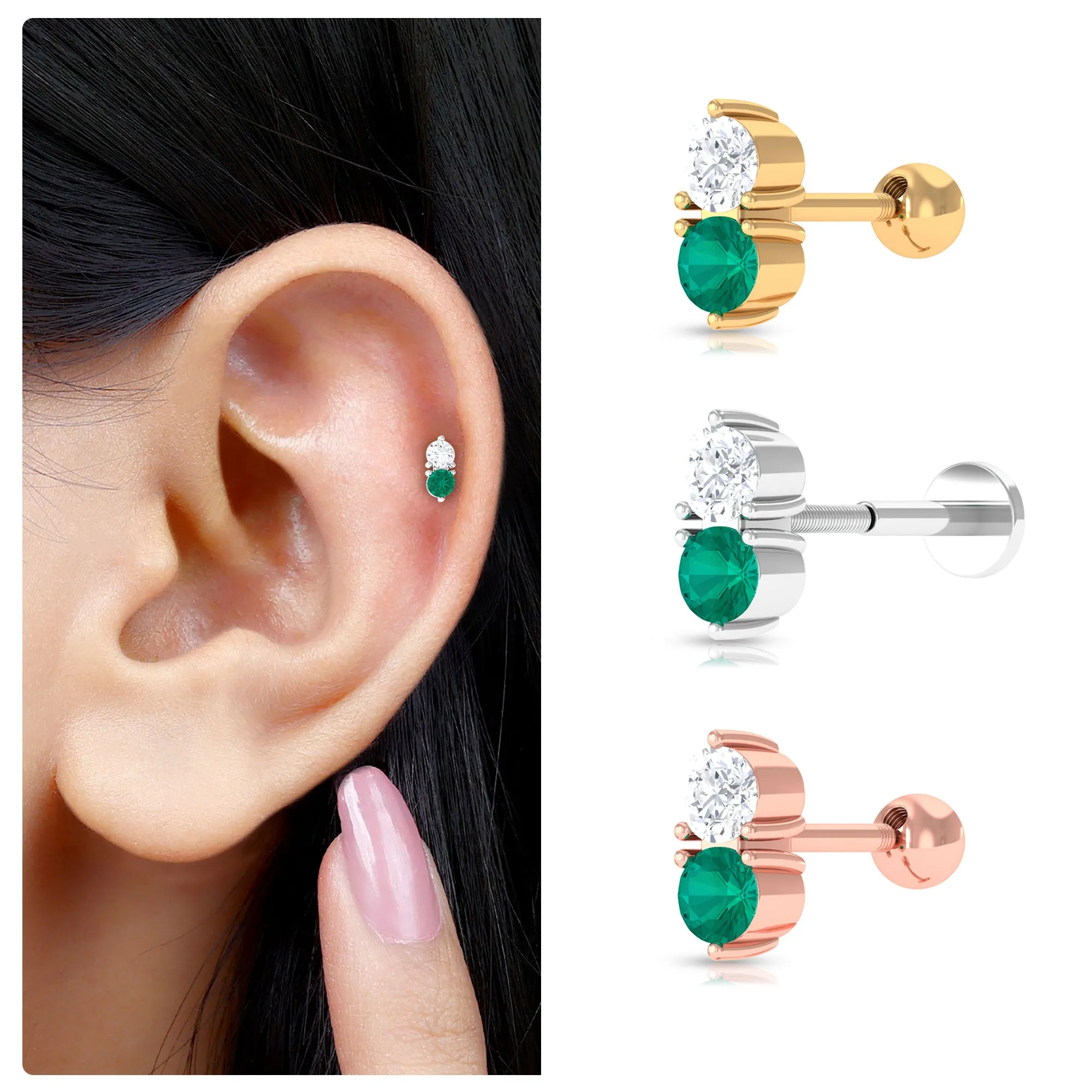 Dainty Emerald and Moissanite Two Stone Tragus Earring