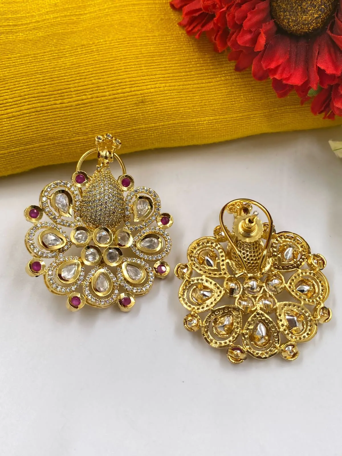 Designer Gold Plated Peacock Design AD Earrings For Ladies By Gehna Shop