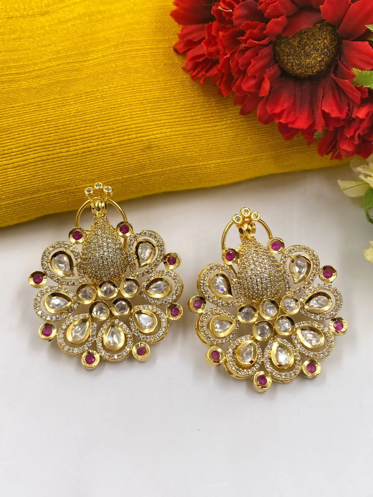 Designer Gold Plated Peacock Design AD Earrings For Ladies By Gehna Shop