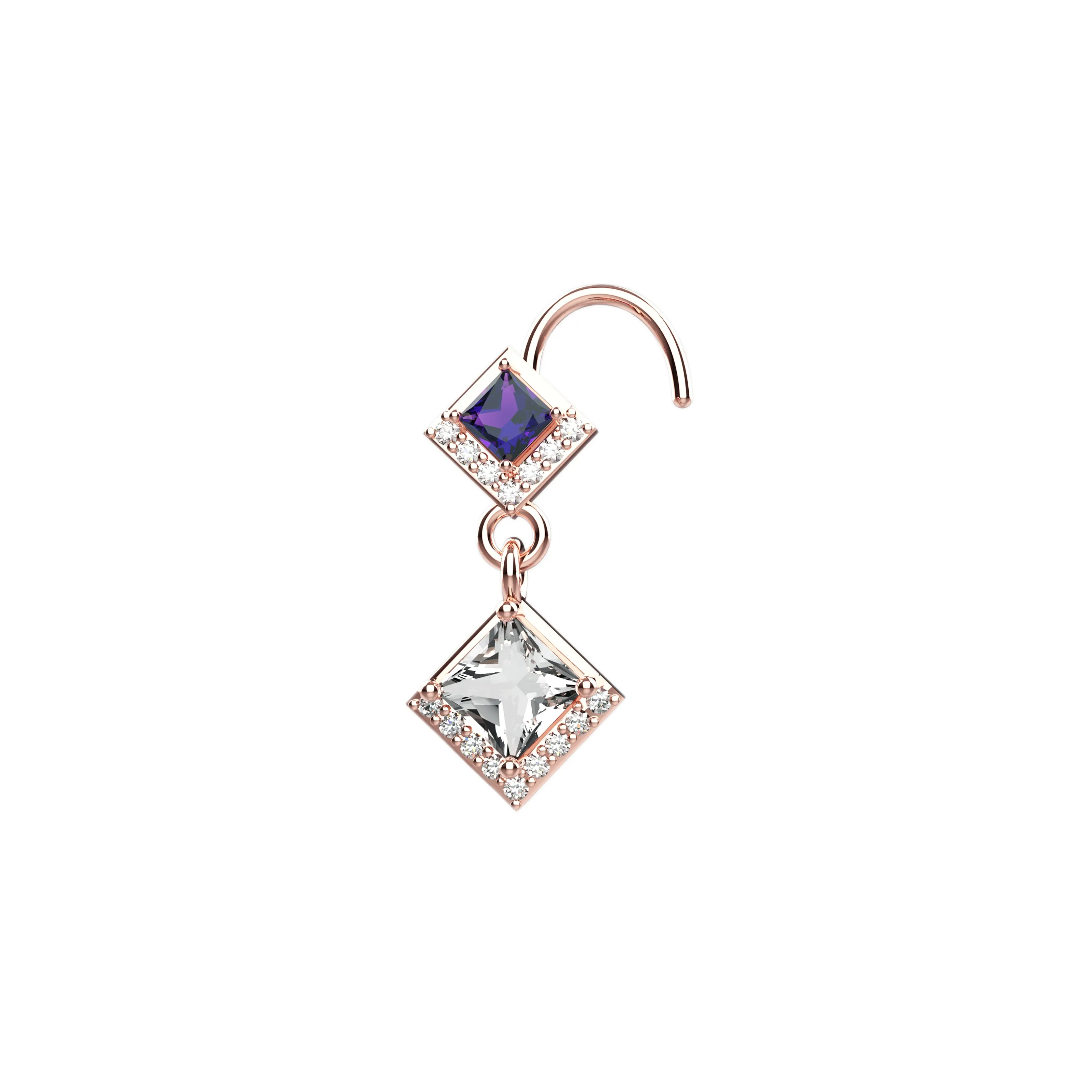Diamond & Amethyst Gemstone Dangling Nose Piercing