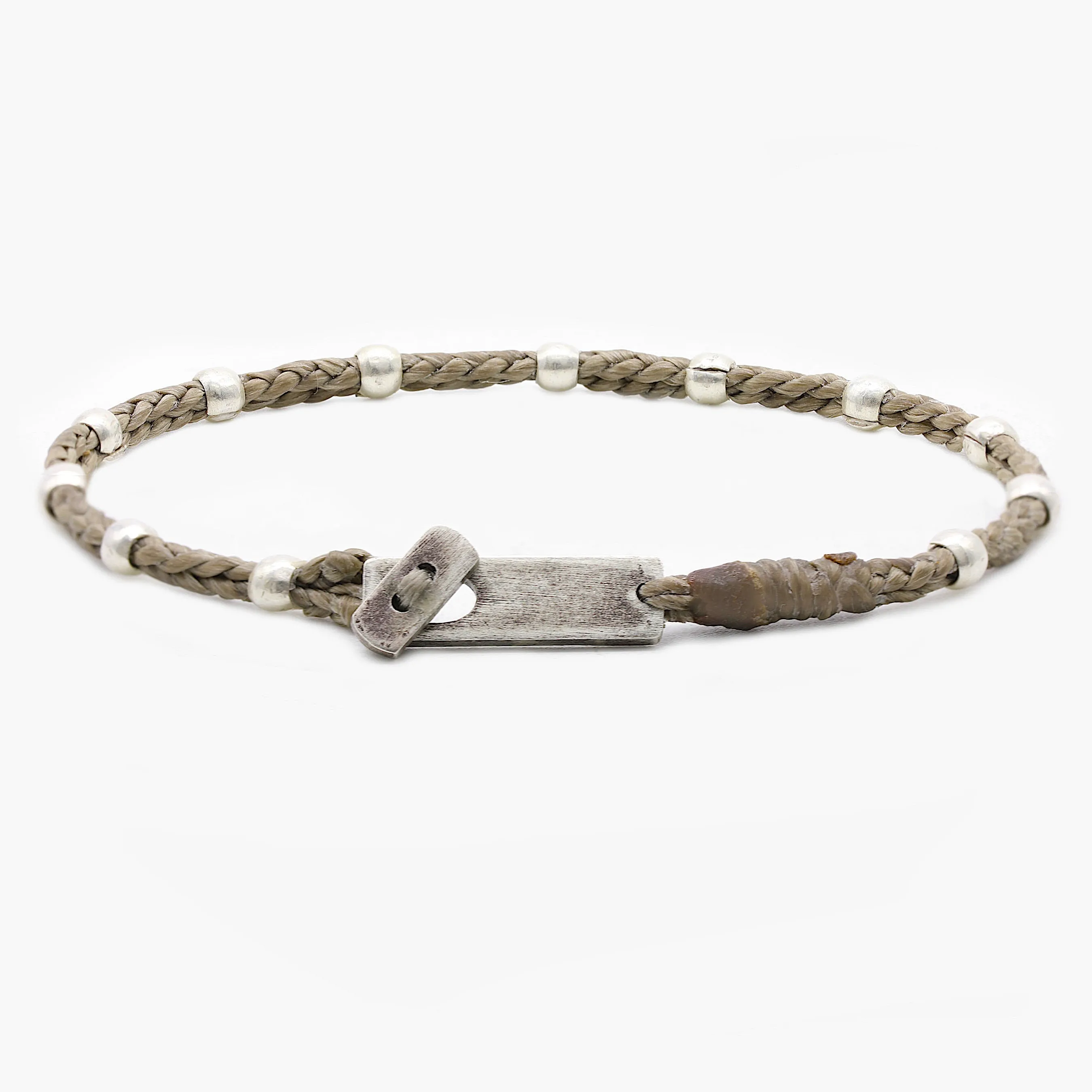 Double Braided Cord With Sterling Silver Crimped Beads Bracelet (Light Brown)