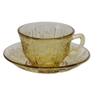 Federal Glass Sharon Amber Cabbage Rose Tea Cup Saucer Vintage 1950’s