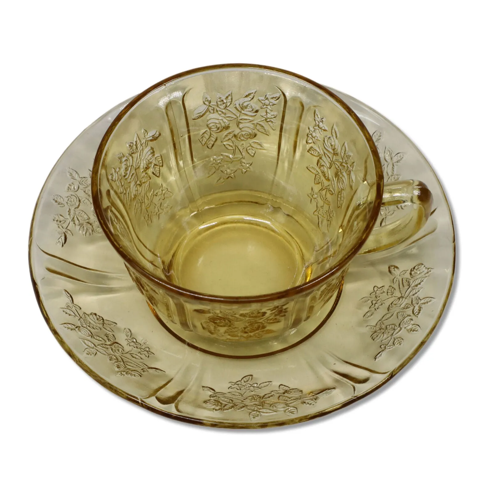 Federal Glass Sharon Amber Cabbage Rose Tea Cup Saucer Vintage 1950’s