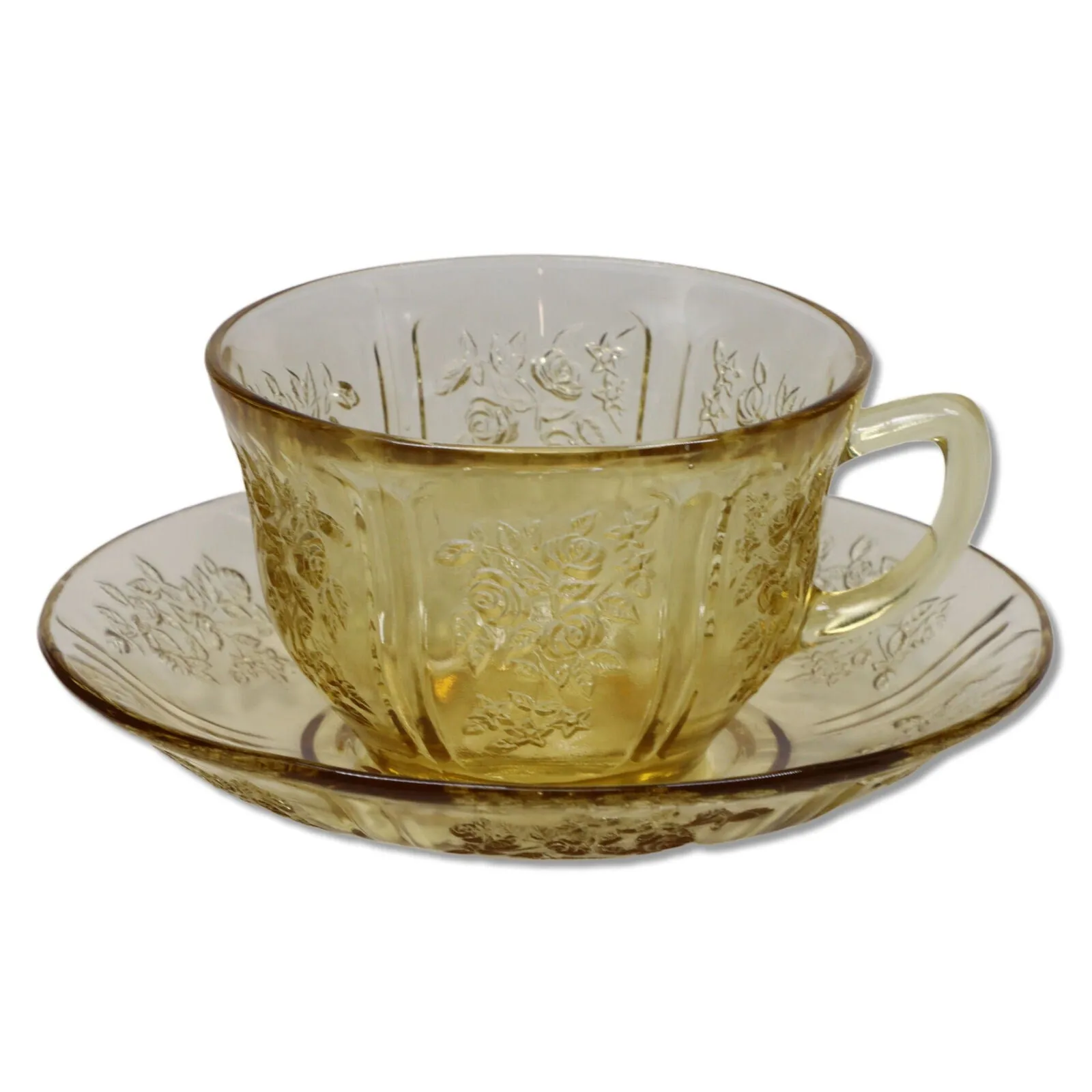 Federal Glass Sharon Amber Cabbage Rose Tea Cup Saucer Vintage 1950’s