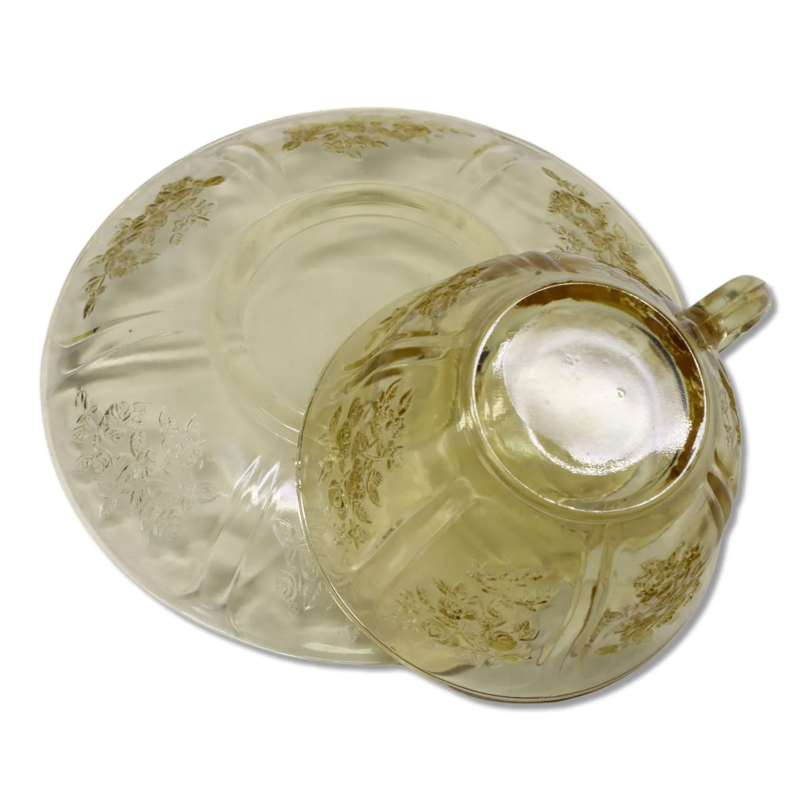 Federal Glass Sharon Amber Cabbage Rose Tea Cup Saucer Vintage 1950’s