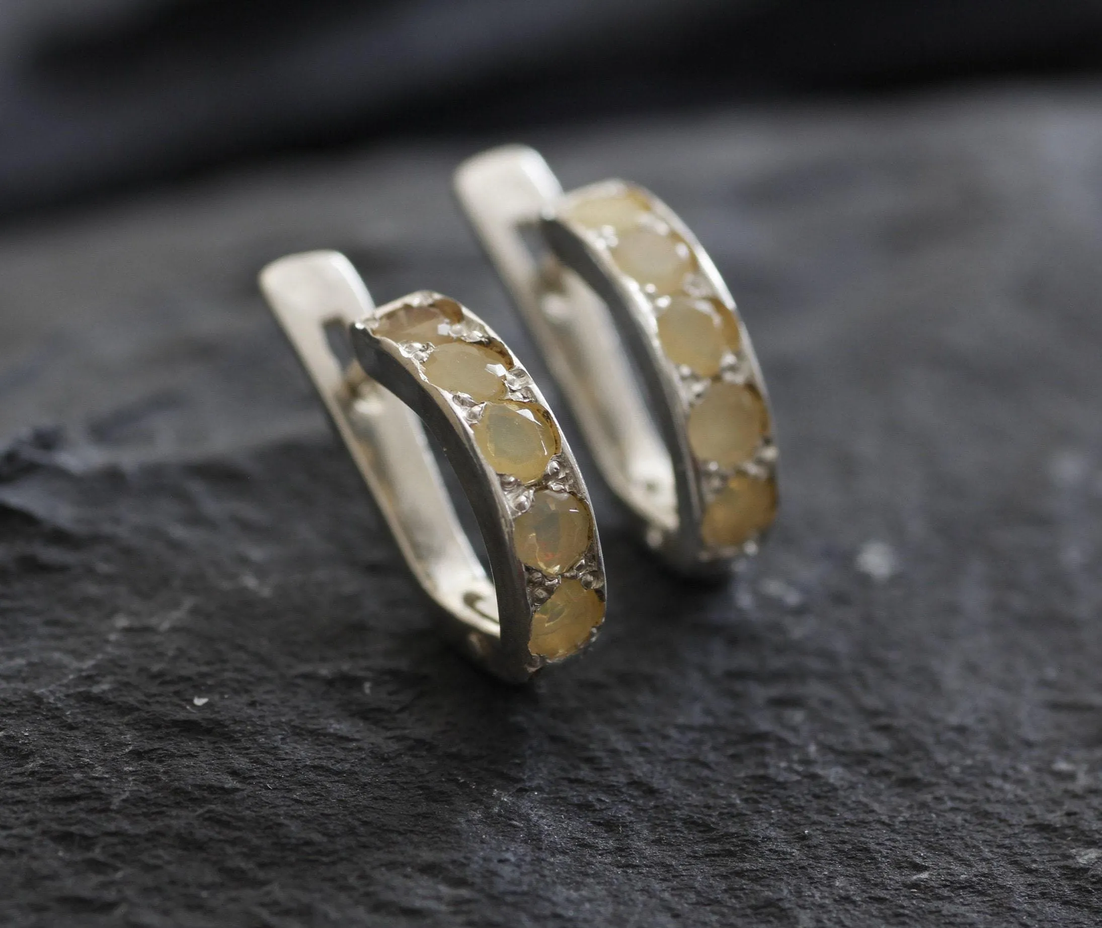 Fire Opal Huggies - Natural Opal Hoop Earrings - October Birthstone Earrings