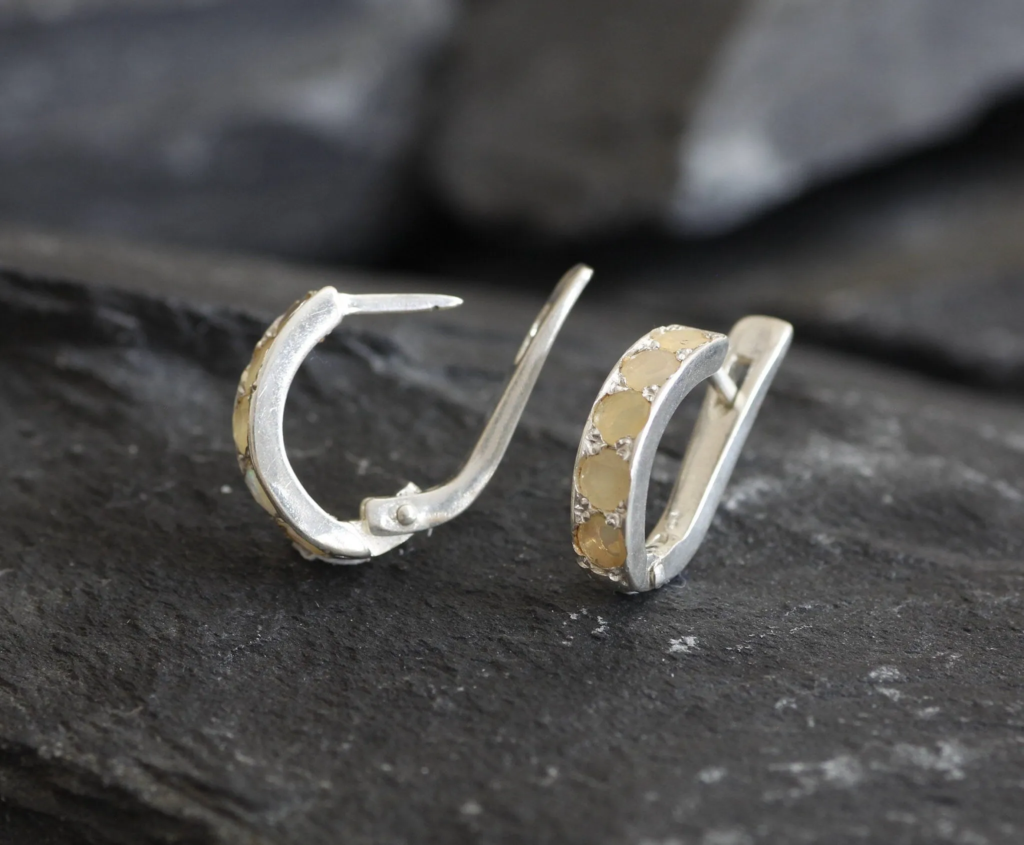 Fire Opal Huggies - Natural Opal Hoop Earrings - October Birthstone Earrings