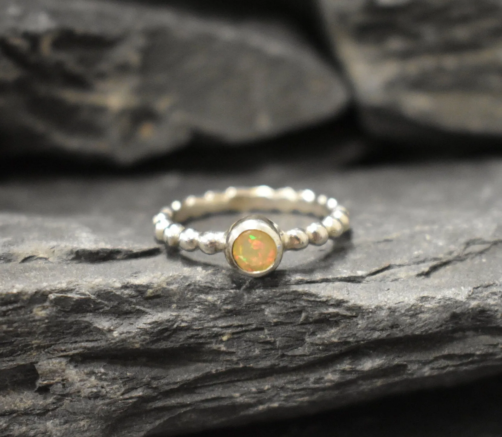 Fire Opal Ring - Yellow Bezel Ring - Silver Bubble Ring