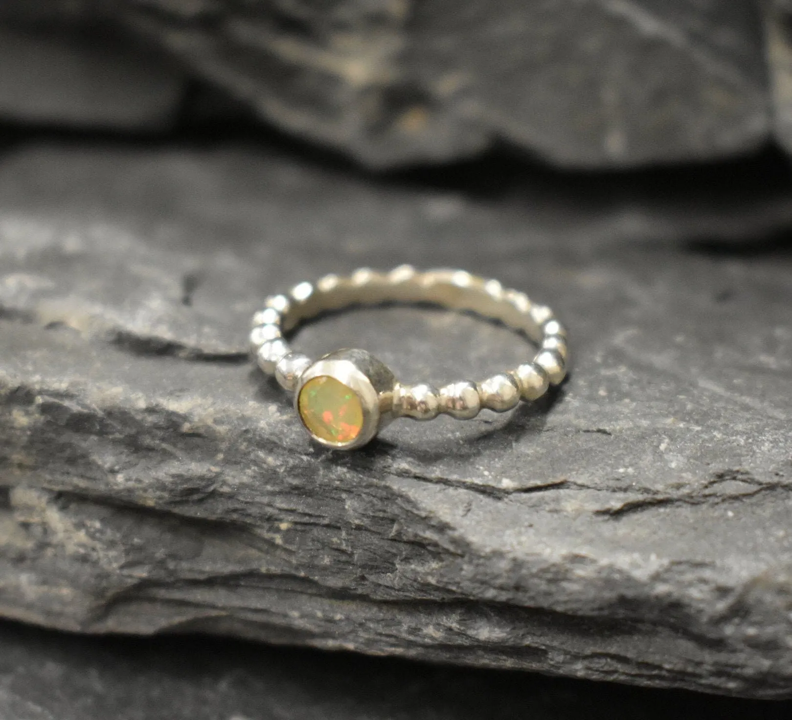 Fire Opal Ring - Yellow Bezel Ring - Silver Bubble Ring