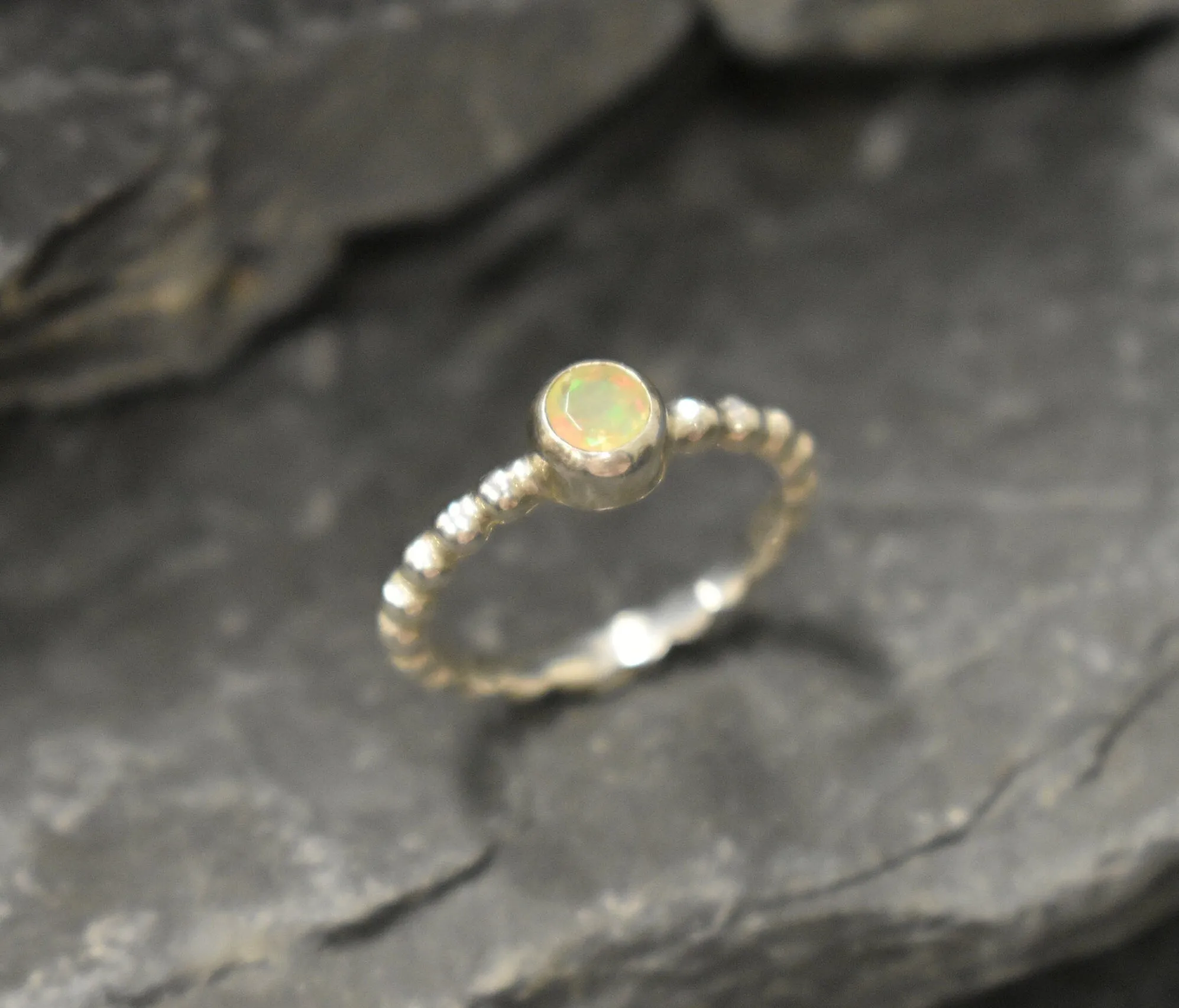 Fire Opal Ring - Yellow Bezel Ring - Silver Bubble Ring