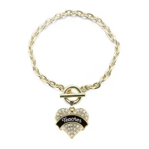 Gold Black and White Teacher Pave Heart Charm Toggle Bracelet