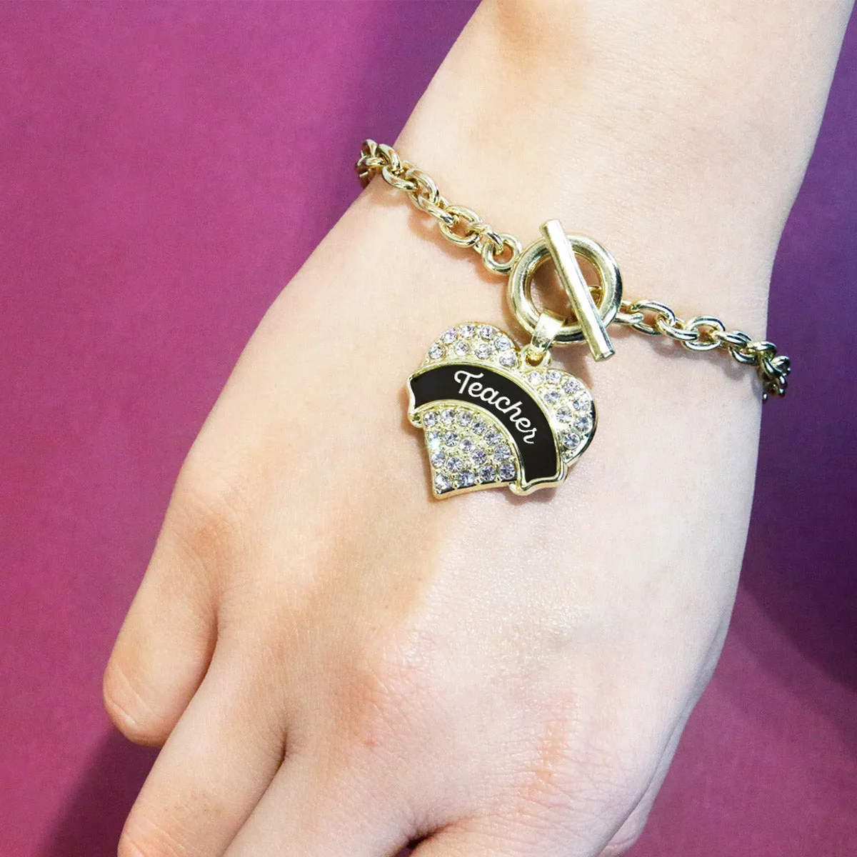 Gold Black and White Teacher Pave Heart Charm Toggle Bracelet