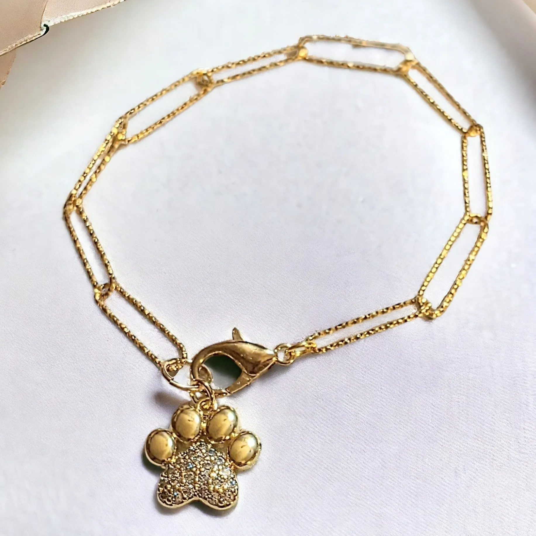 Gold Dog/Cat Paw Paperclip Chain Bracelet