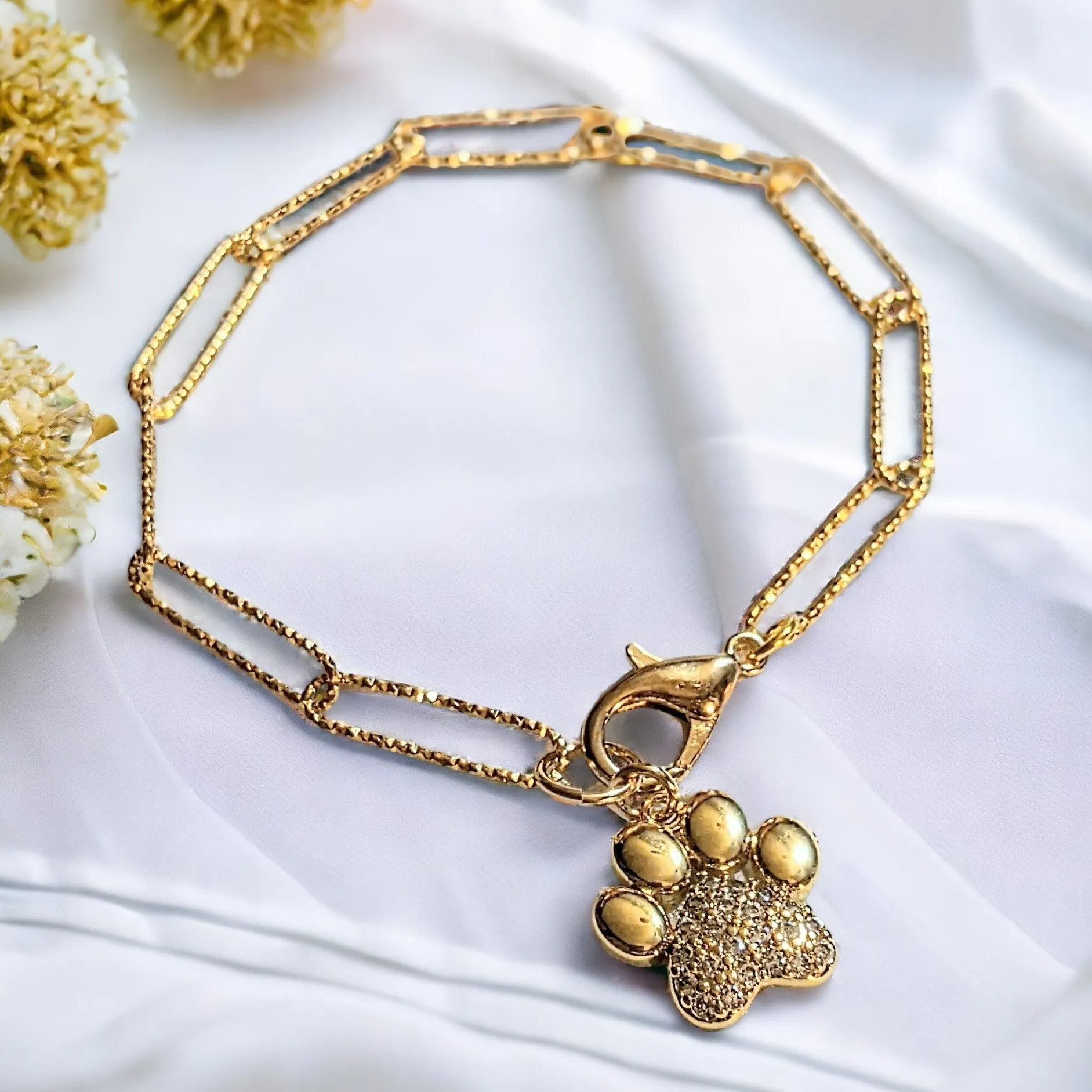 Gold Dog/Cat Paw Paperclip Chain Bracelet